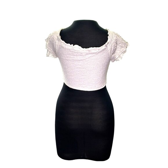 White Love Tree Ruched Crop Top With Short Ruffle Sleeves L - Picture 3 of 8